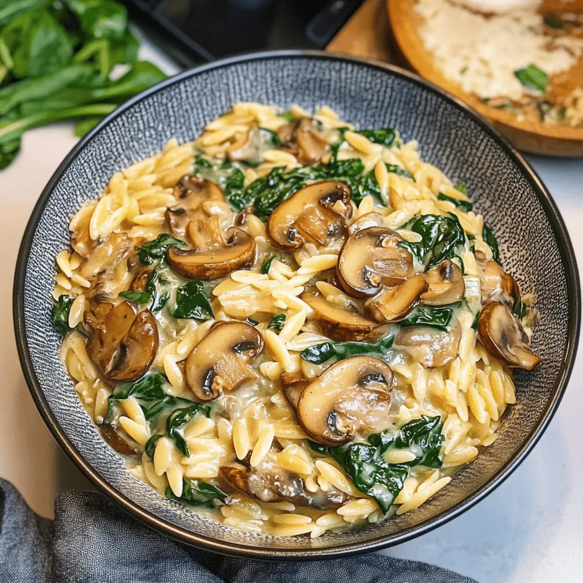 Orzo Pfanne mit Champignons und Spinat