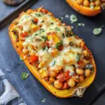 Veganer gefüllter Butternutkürbis aus dem Ofen