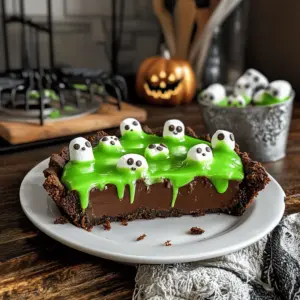 Cremige Halloween-Schokoladentarte mit Schleimmonstern