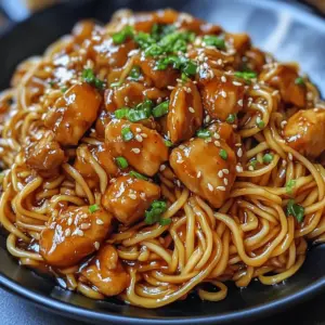 Klebrige Knoblauch-Hühnchen-Nudeln