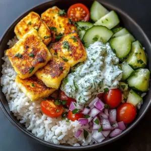 Halloumi-Schüssel mit Reis und Tzatziki