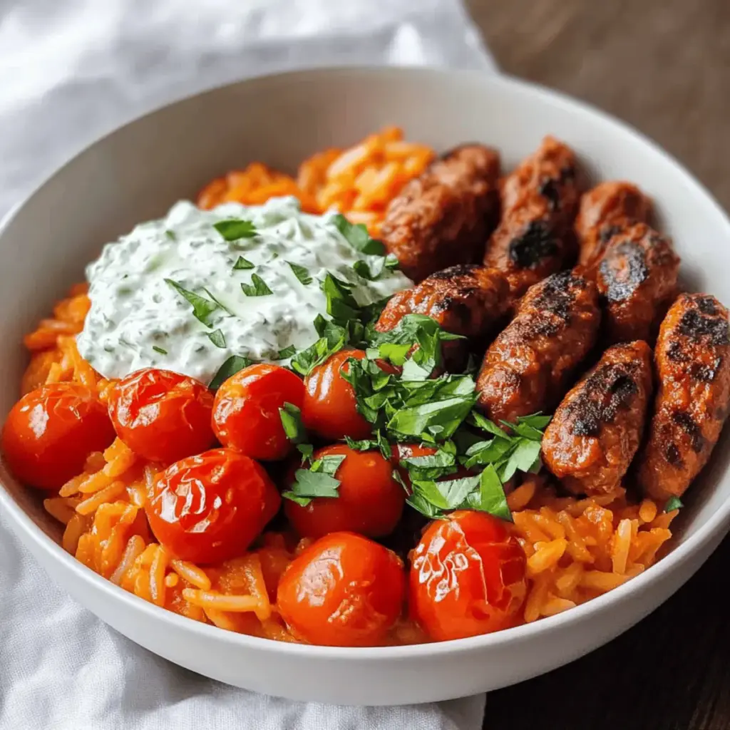 Tomaten Kritharaki mit veganen Cevapcici und Tzatziki
