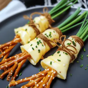 Halloween Snack Hexenbesen mit Käse und Salzstangen