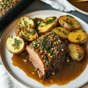 Veganer Braten mit Kräuterkruste, Petersilienkartoffeln und Zwiebelsoße