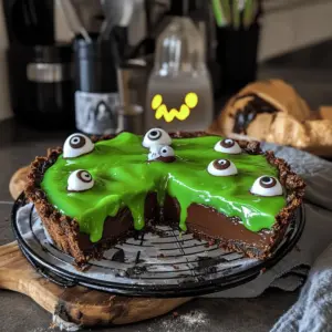 Cremige Halloween-Schokoladentarte mit Schleim-Monstern